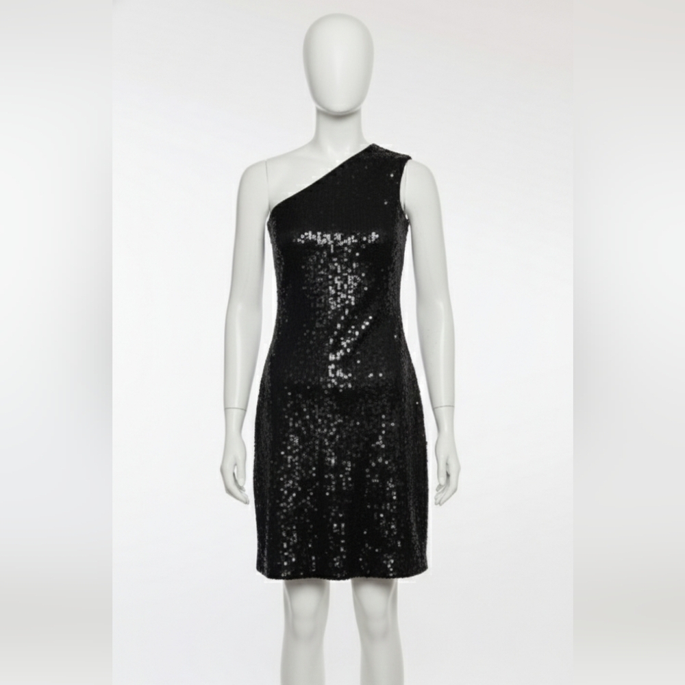 Club Monaco Black Sequins One Shoulder Lined Cocktail Party Dress sz Small